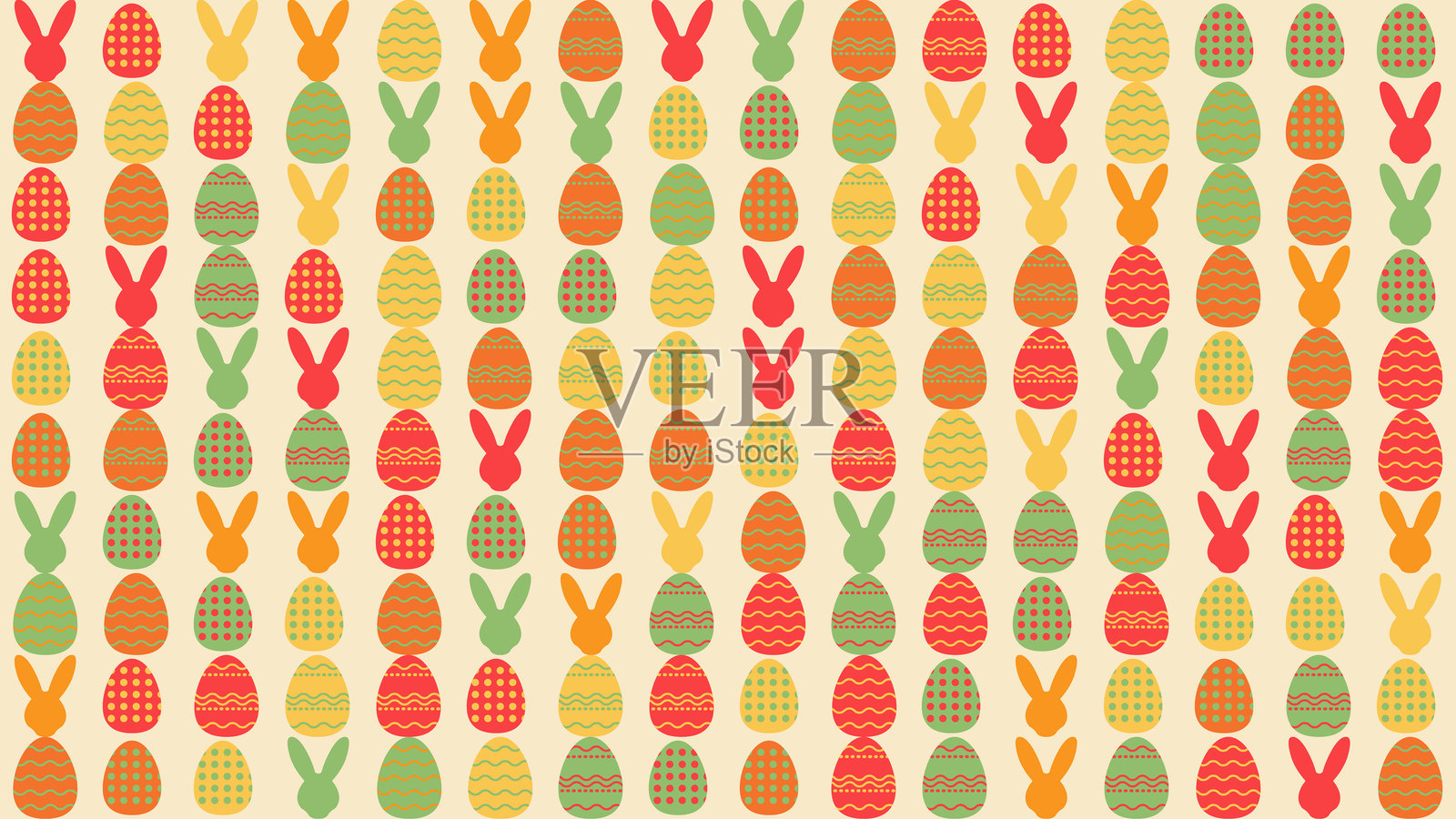 复活节色彩的包豪斯风格几何图案，包含蛋和兔子的形状插画图片素材