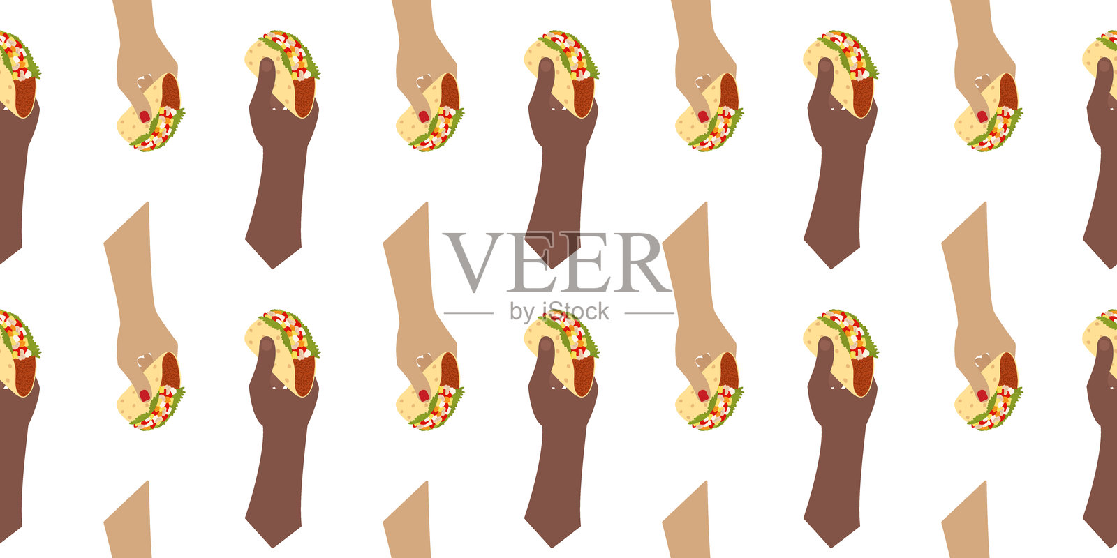 男性和女性的手握着玉米饼 无缝图案。墨西哥食品海报或横幅背景概念插画图片素材