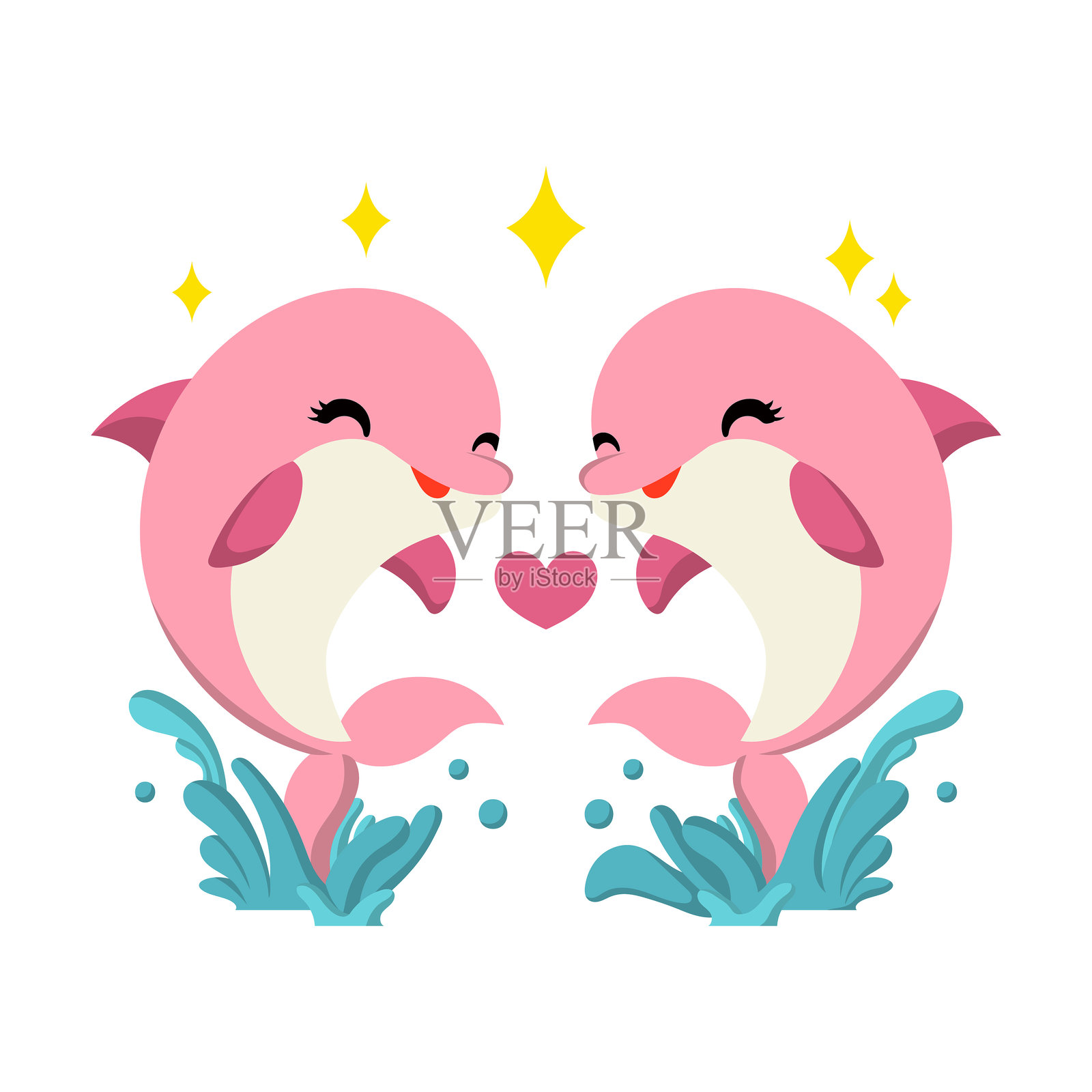 粉色海豚情侣一起跳跃插画图片素材