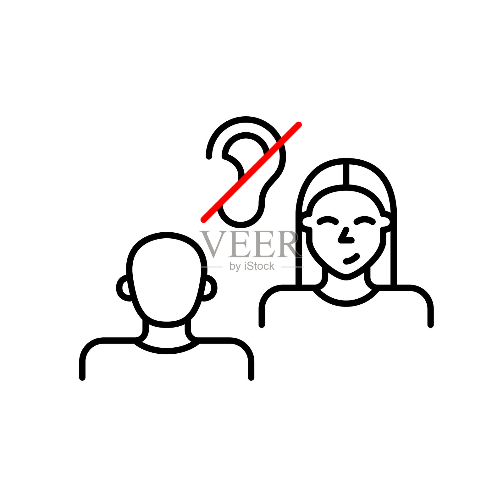 男女在交谈或面试，耳朵被划掉。禁止窃听，分享机密信息。为听障人士提供帮助的工作场所或浪漫约会。像素完美，可编辑的线条图标。插画图片素材