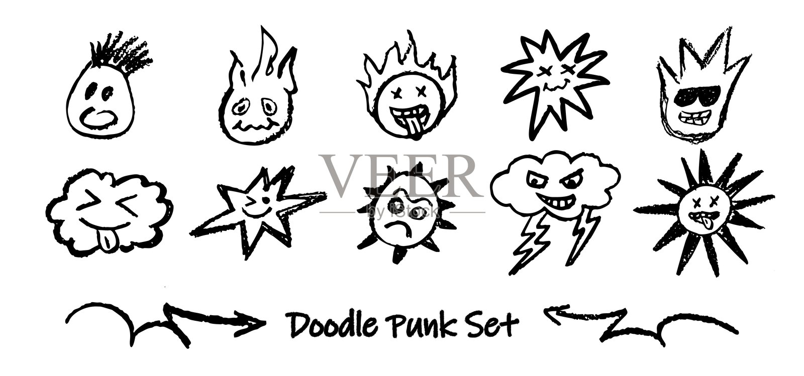 涂鸦朋克头像集合。手绘幽默情感的黑色炭笔轮廓面孔矢量图。复古风格的蜡笔画，吐舌头的造型，摩霍克发型，带有黑色太阳镜的炫酷火焰头。插画图片素材