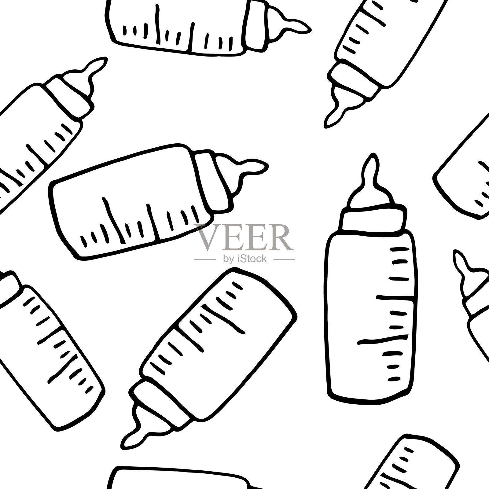 婴儿奶瓶矢量无缝图案图形涂鸦手绘插图，适用于纺织品和餐具设计及印刷插画图片素材
