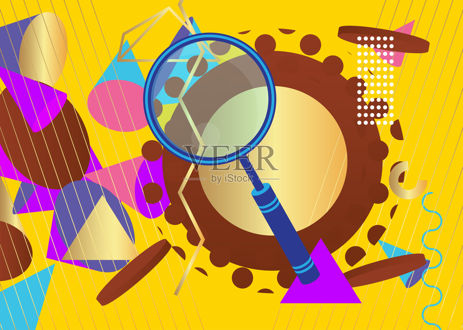 放大镜几何图形复古主题背景。最小几何元素。复古抽象形状矢量插图。插画图片素材