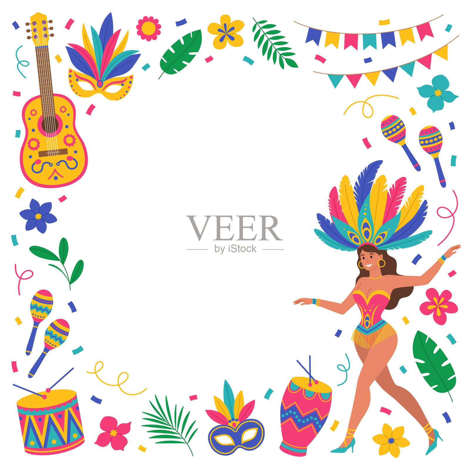 巴西狂欢节框架，装扮成羽毛女郎，配有吉他、沙锤、鼓、面具、花朵、叶子、花环和五彩纸屑。音乐节。横幅、海报的矢量平面插图。插画图片素材