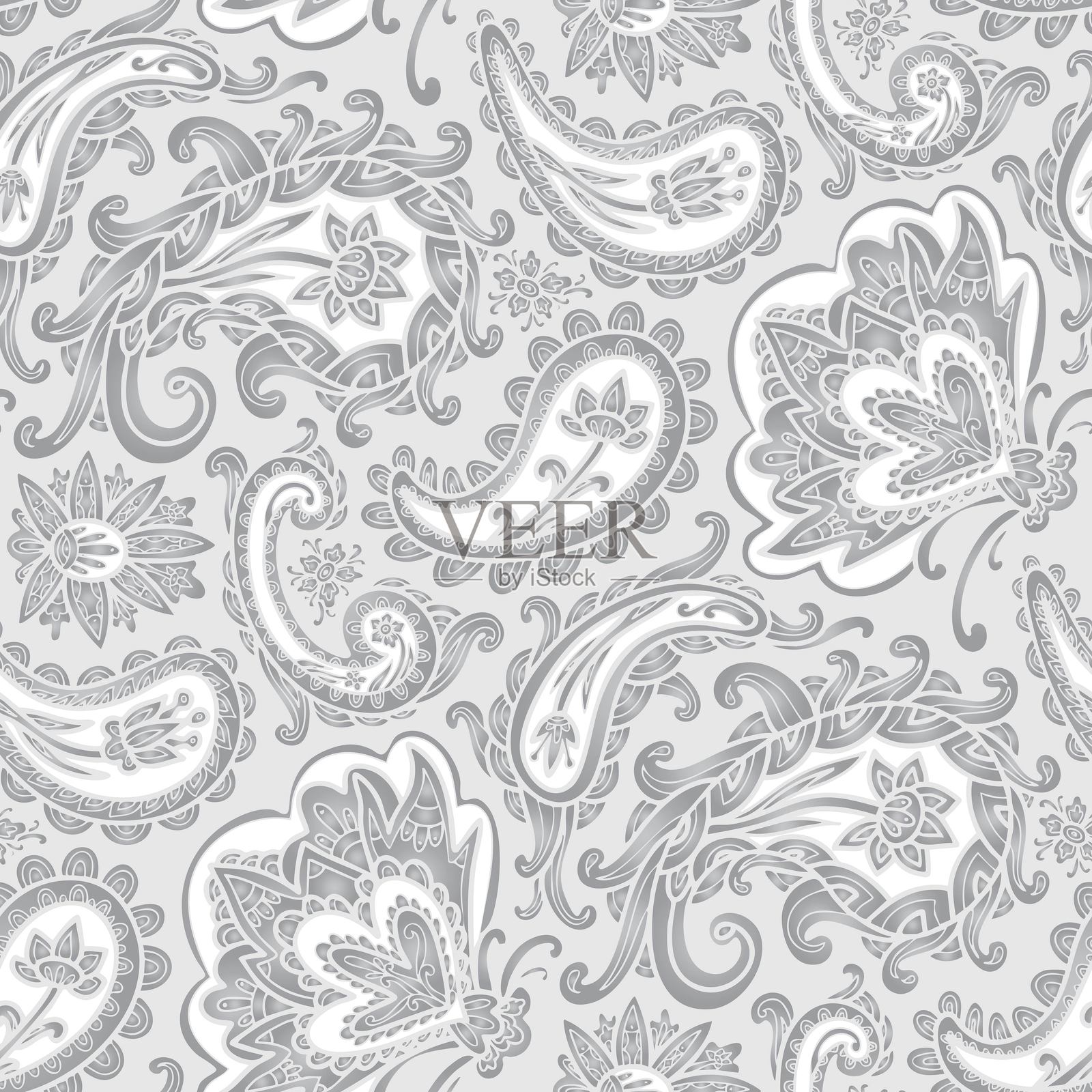 灰色漩涡装饰，手绘的佩斯利花卉图案。无缝花卉图案-653。插画图片素材