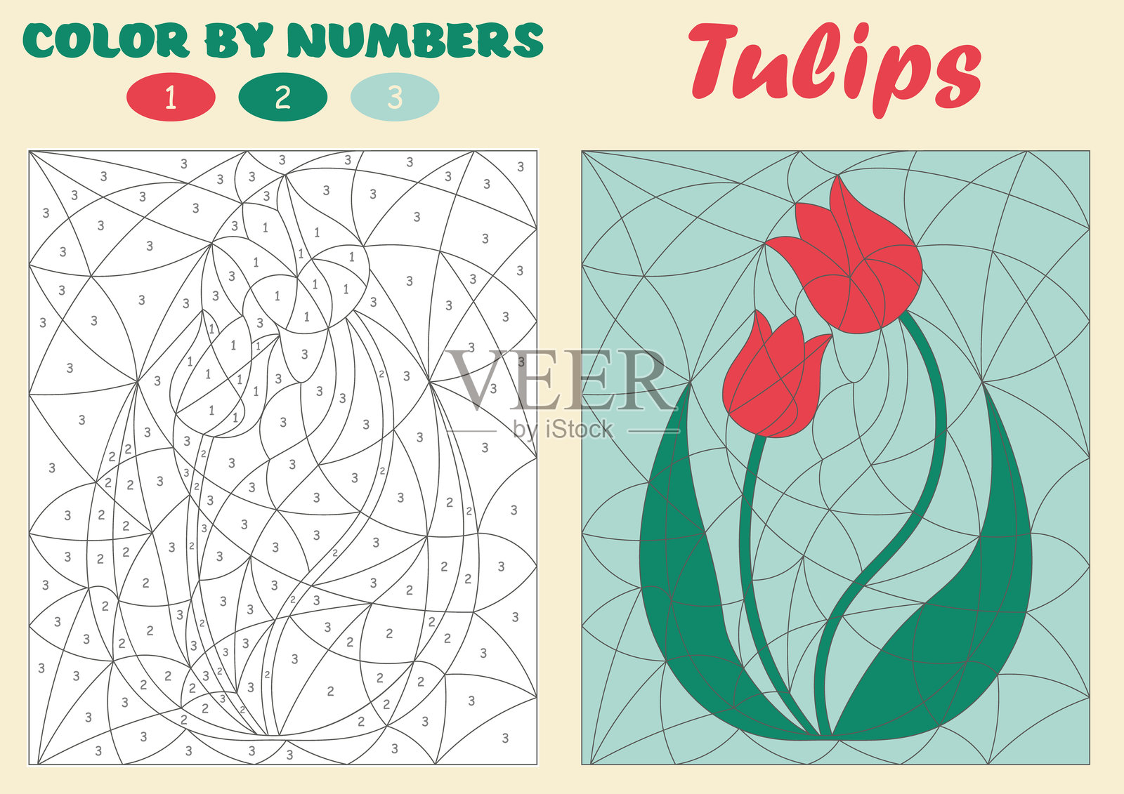 数字涂色。数字着色页。春季教育游戏与郁金香。适合儿童的有趣数学谜题活动。可打印的矢量工作表活动。插画图片素材