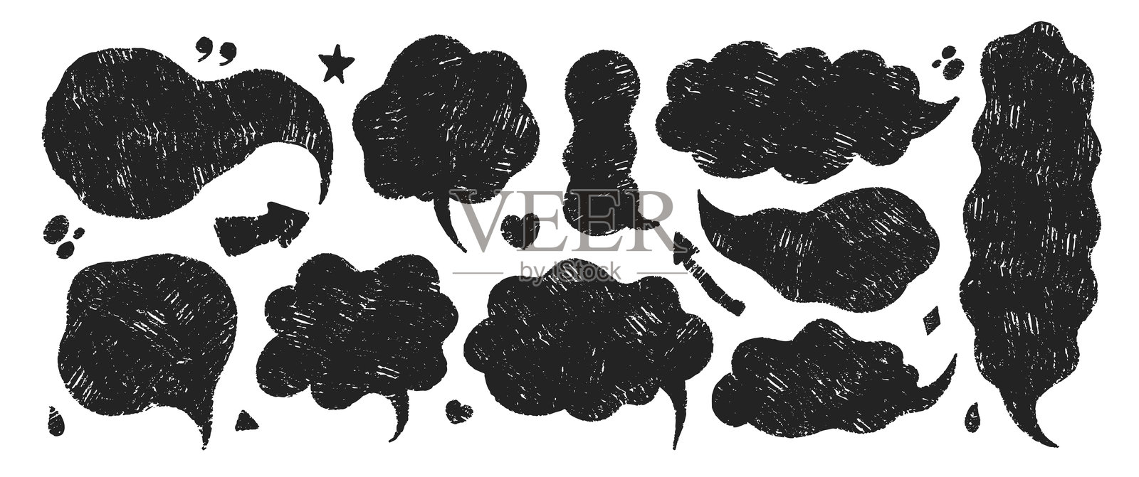 一组带有蜡笔或粉笔纹理的文本框和对话气泡。黑色插图在白色背景上。插画图片素材