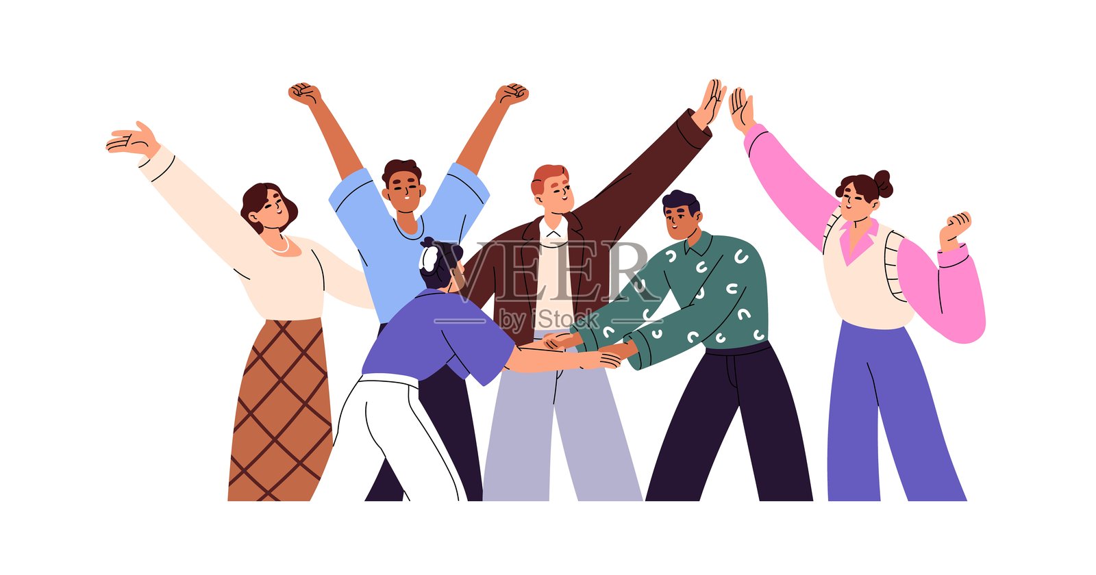 快乐的商务团队庆祝工作成功。愉快的人们举起手，互相击掌庆祝团队的胜利。员工们一起享受乐趣。白色背景上的扁平化插图。插画图片素材