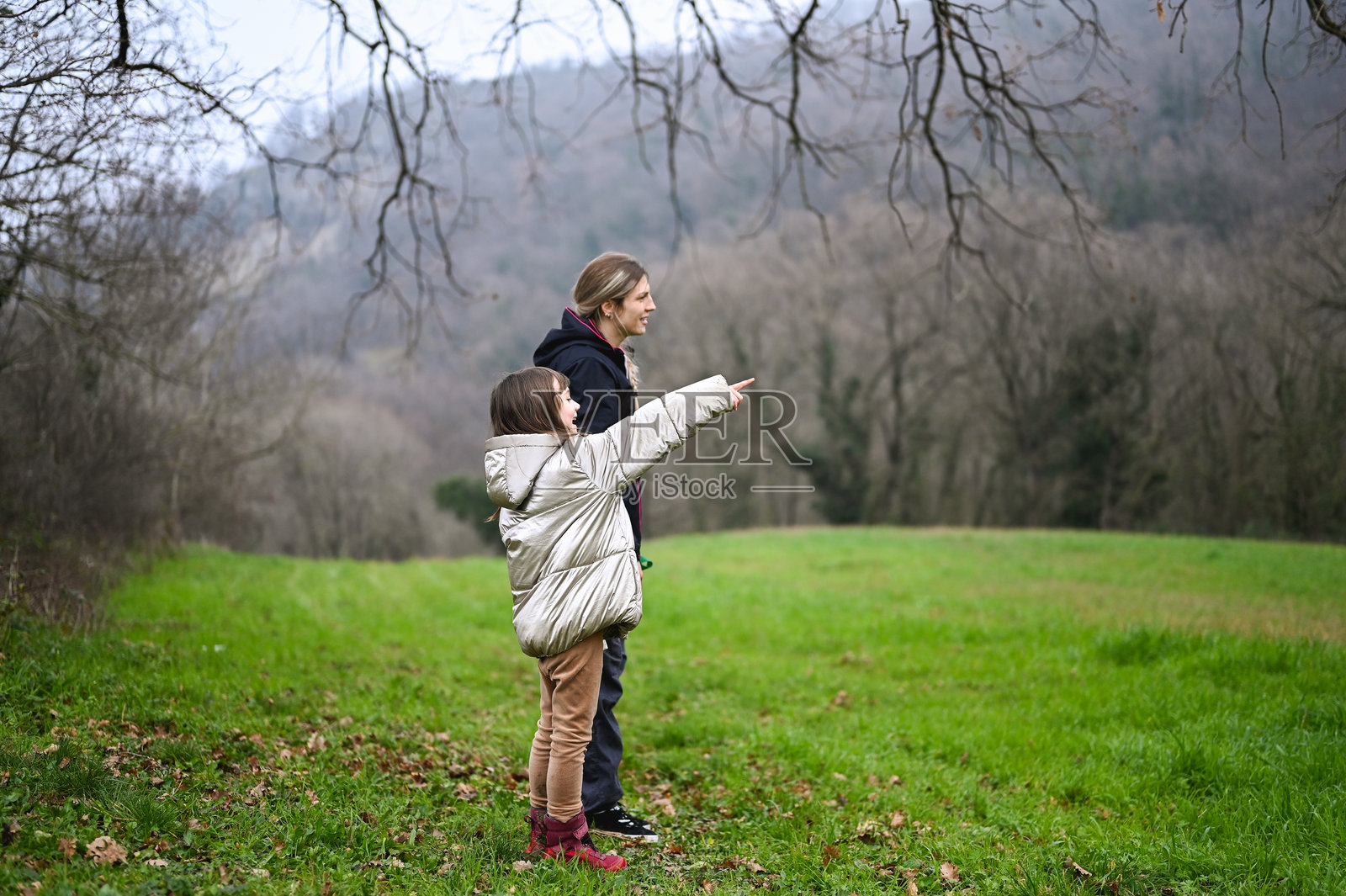 春天草地上的家庭。照片摄影图片