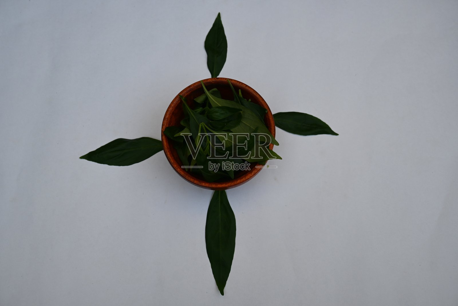 木碗中的穿心莲叶。照片摄影图片