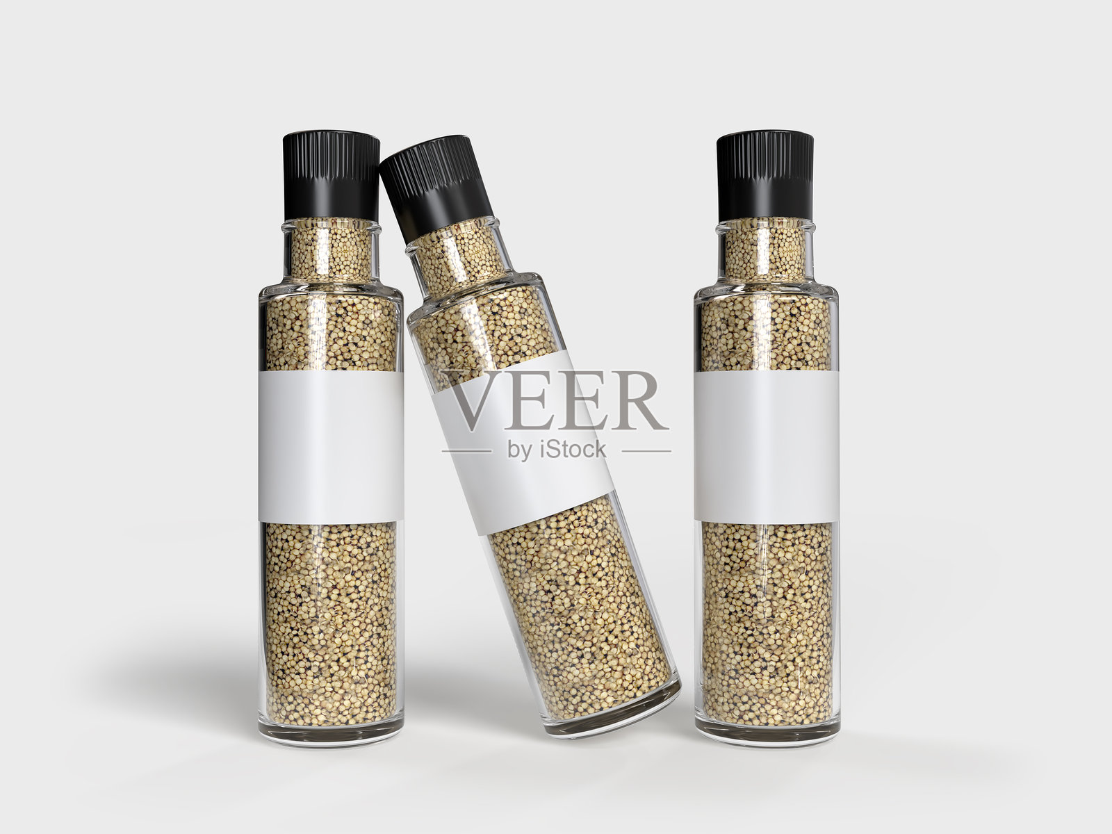 3D真实感玻璃瓶胡椒磨，胡椒研磨器模型，背景独立展示。厨房香料瓶容器用于展示品牌、广告、促销或放置您的产品设计。照片摄影图片