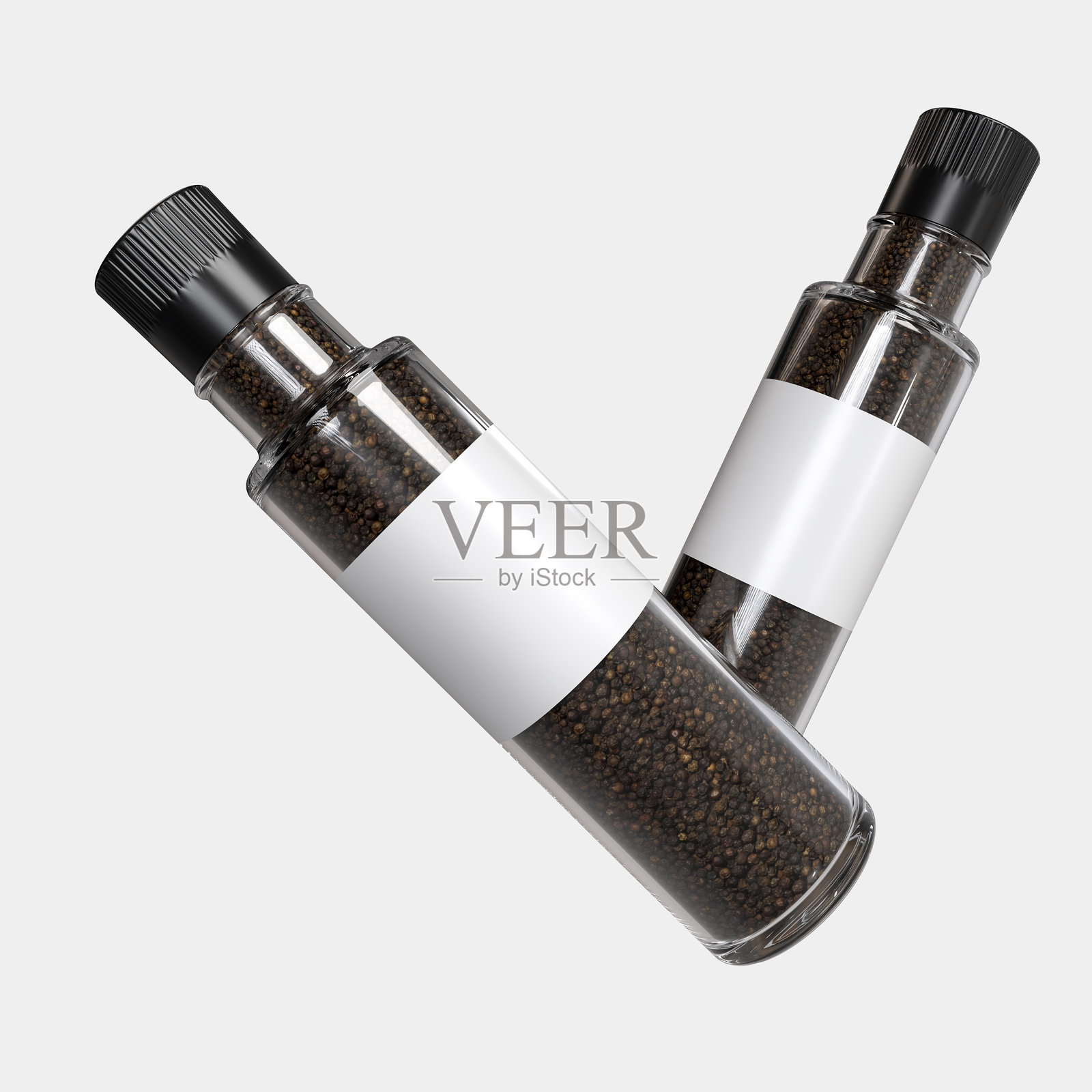 3D真实感玻璃瓶胡椒磨，胡椒研磨器模型，背景独立展示。厨房香料瓶容器用于展示品牌、广告、促销或放置您的产品设计。照片摄影图片