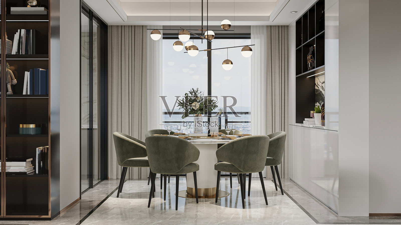 优雅的餐厅，配有奢华的家具、经典的装饰和大窗户。照片摄影图片