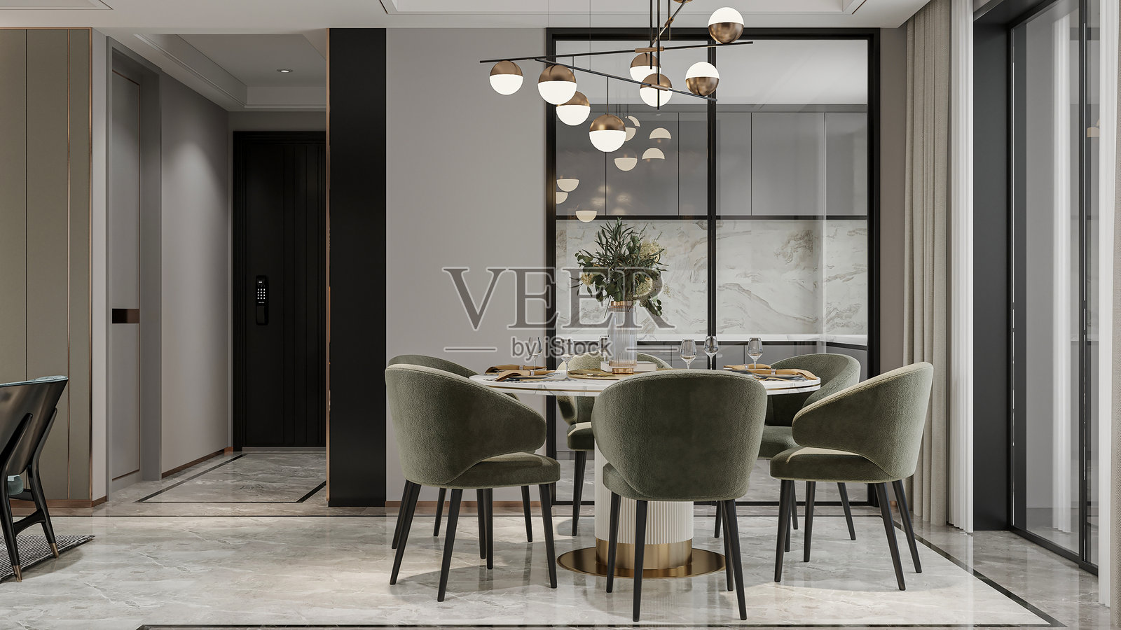 现代餐厅室内，奢华的用餐布置和经典的装饰照片摄影图片