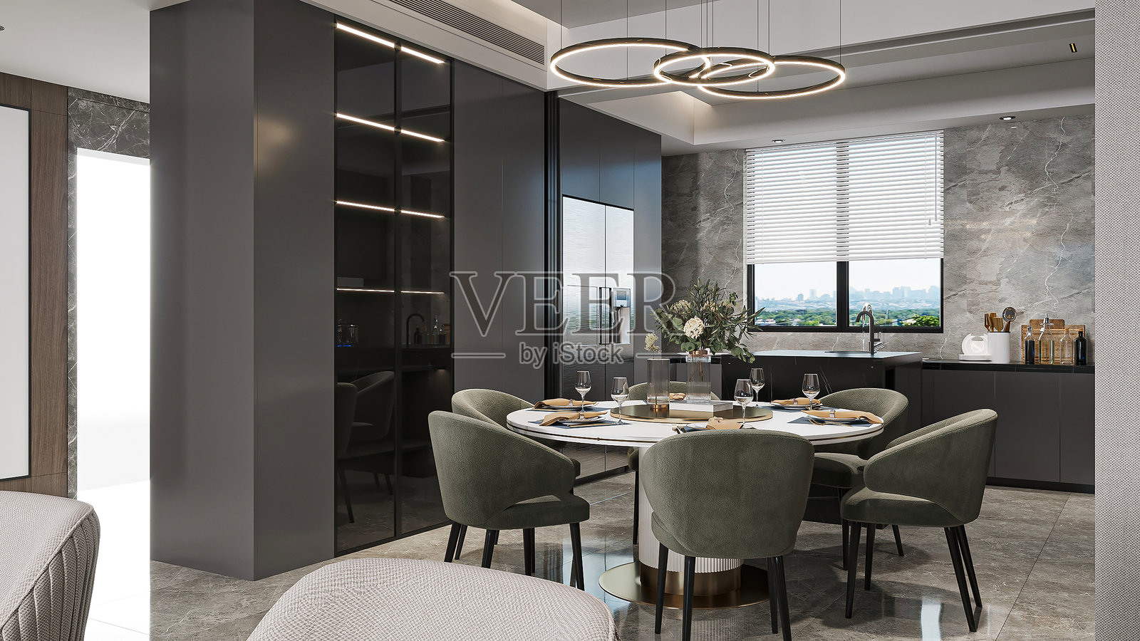 现代开放式厨房和餐厅室内设计照片摄影图片