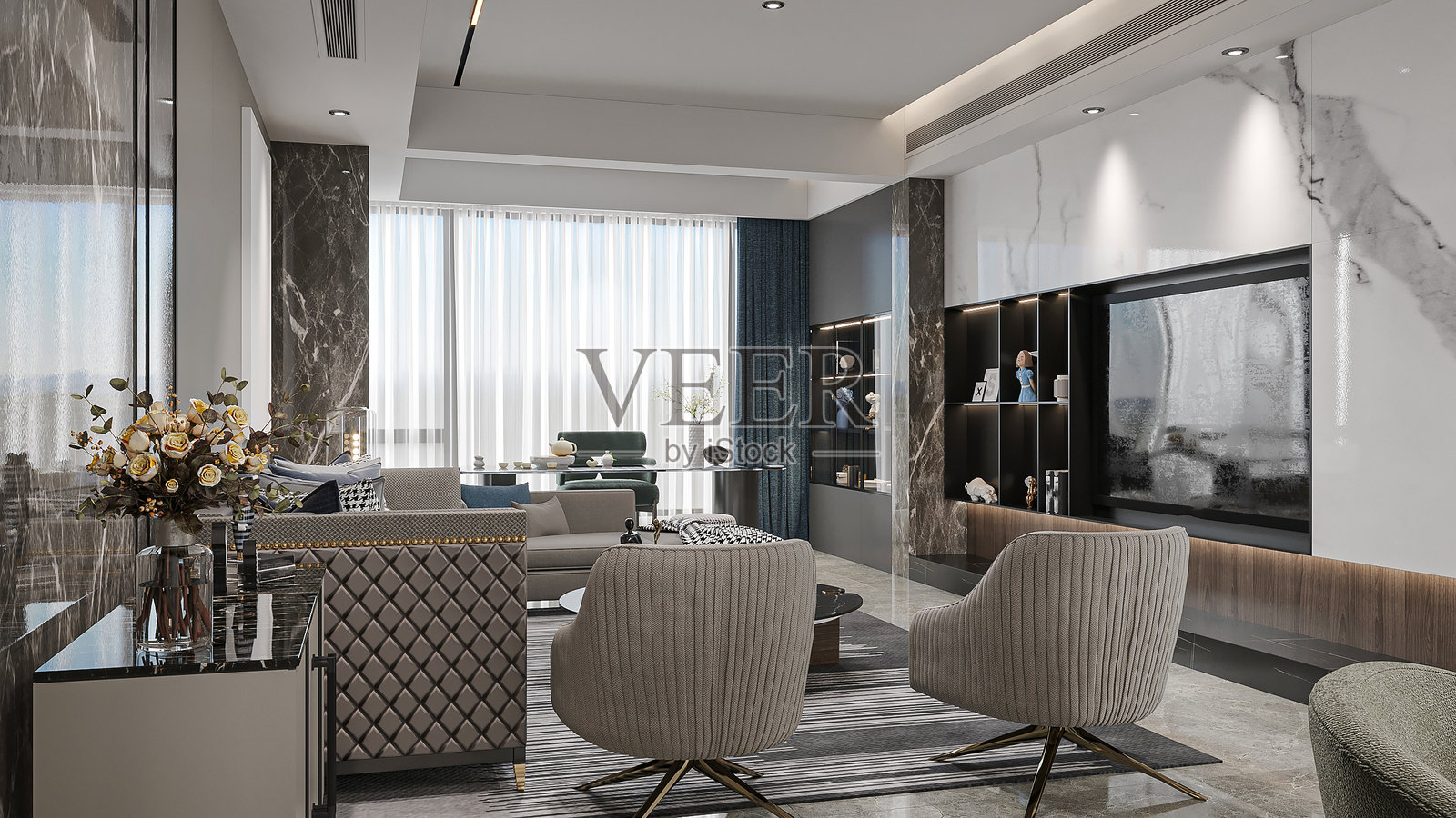 奢华现代客厅配有大理石装饰墙照片摄影图片