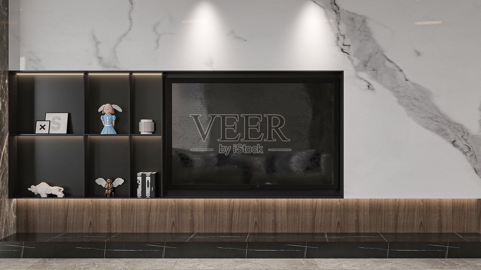 现代简约风格的客厅，配有壁炉和书架照片摄影图片