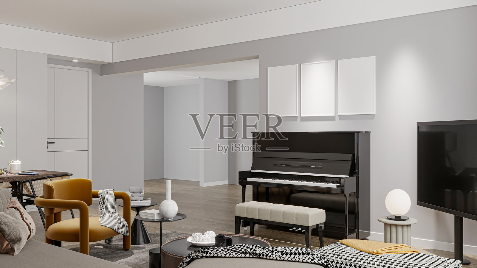 大型奢华现代优雅室内客厅模型和极简主义客厅中的黑色钢琴照片摄影图片