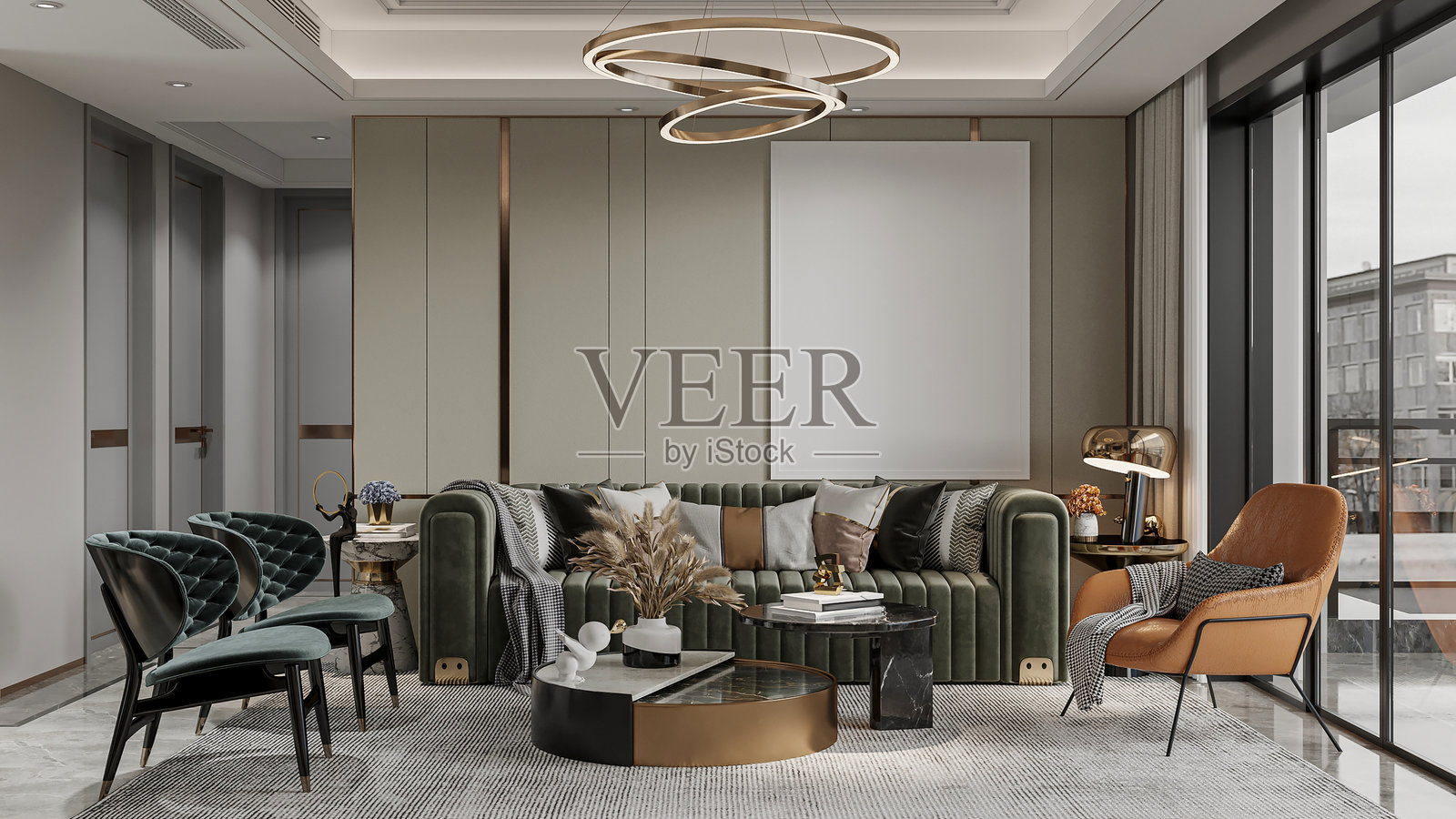 新古典室内设计，现代家具装饰的现代住宅照片摄影图片