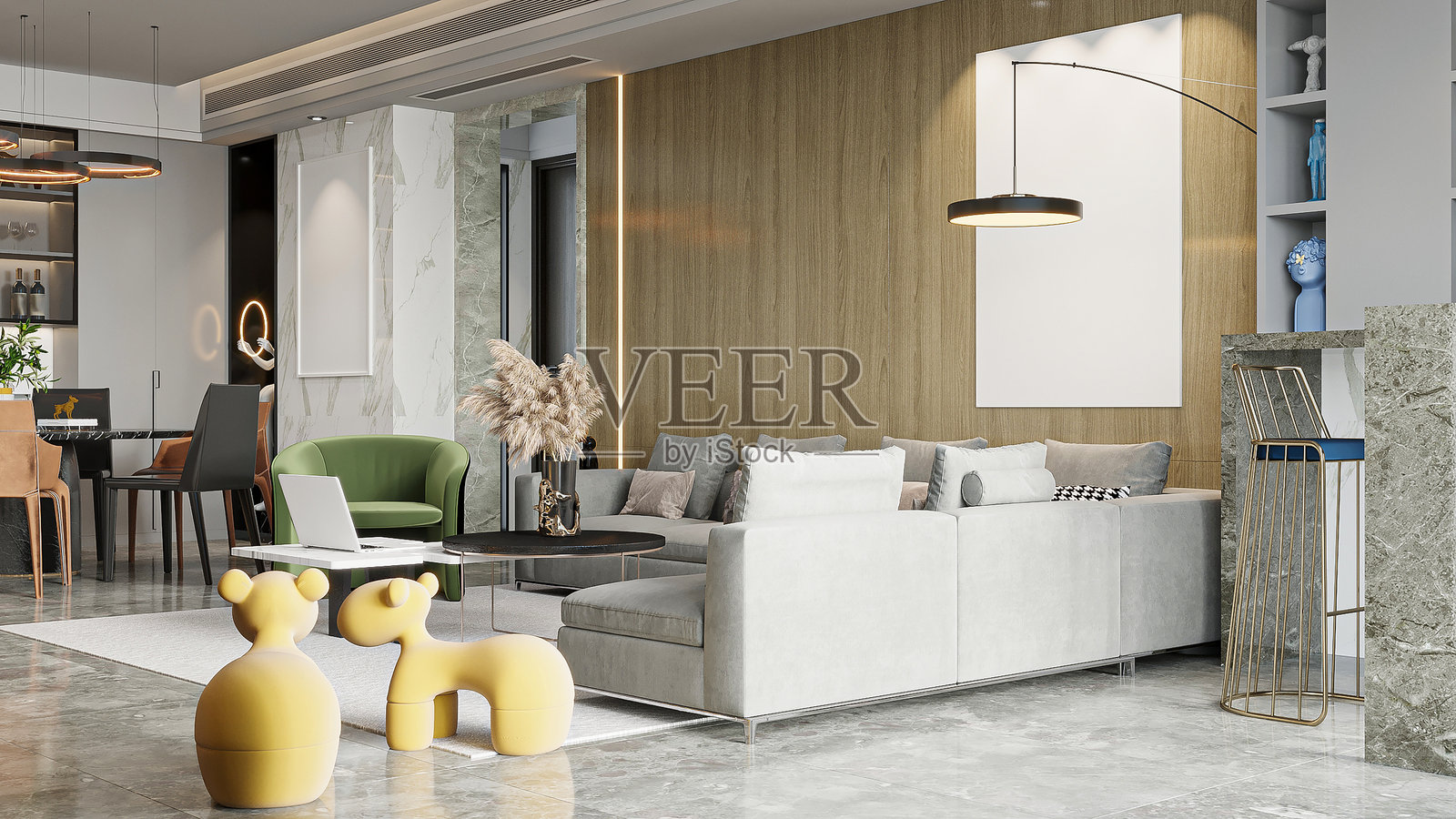 现代开放式客厅，配有现代家具和装饰照片摄影图片