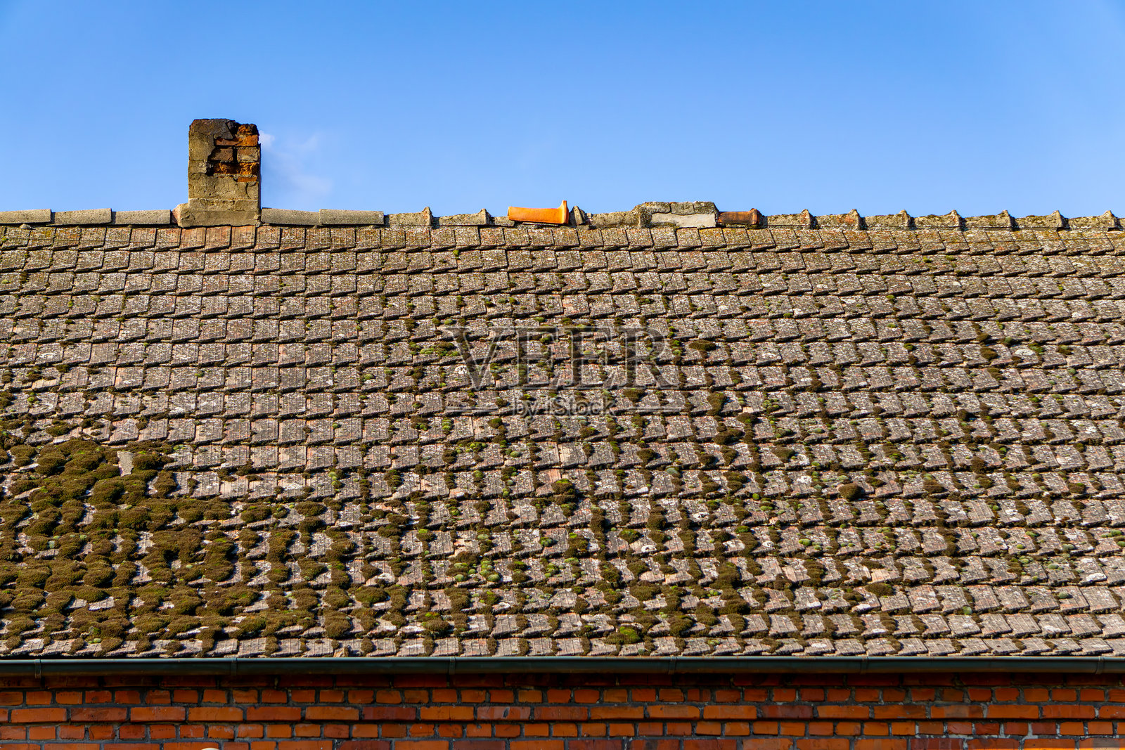 乡村房屋的旧屋顶覆盖着石棉瓦。屋顶上的石棉被苔藓覆盖。毒性屋顶材料。照片摄影图片
