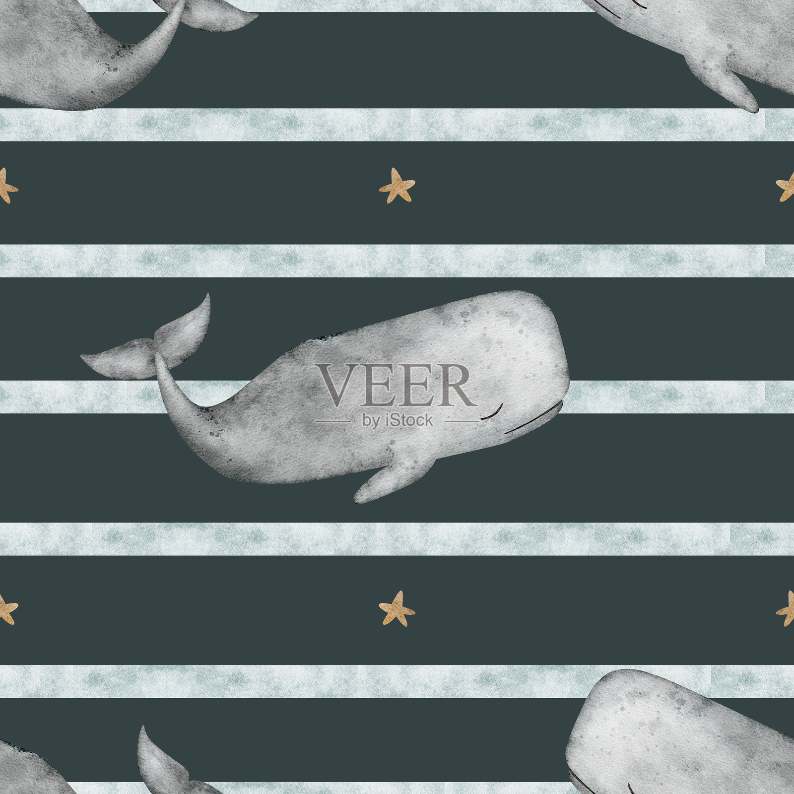 蓝色条纹和星星上的水彩抹香鲸图案。无缝印刷。深色背景上的手绘抹香鲸插图，适用于纺织品、面料、包装、服装、壁纸和卡片设计。插画图片素材