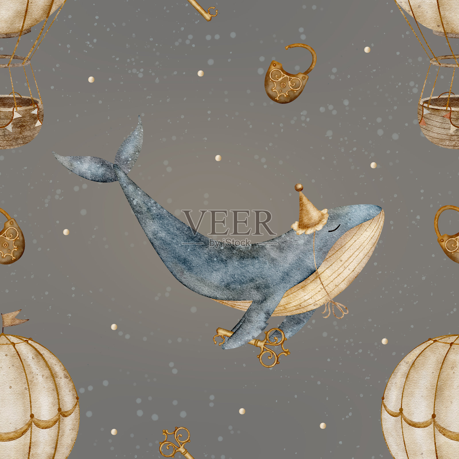 复古蓝鲸、气球、钥匙和锁的水彩图案。米色柔和色调的无缝印刷。手绘卡通风格插图，适用于深色棕色背景的纺织品设计、包装和服装。插画图片素材