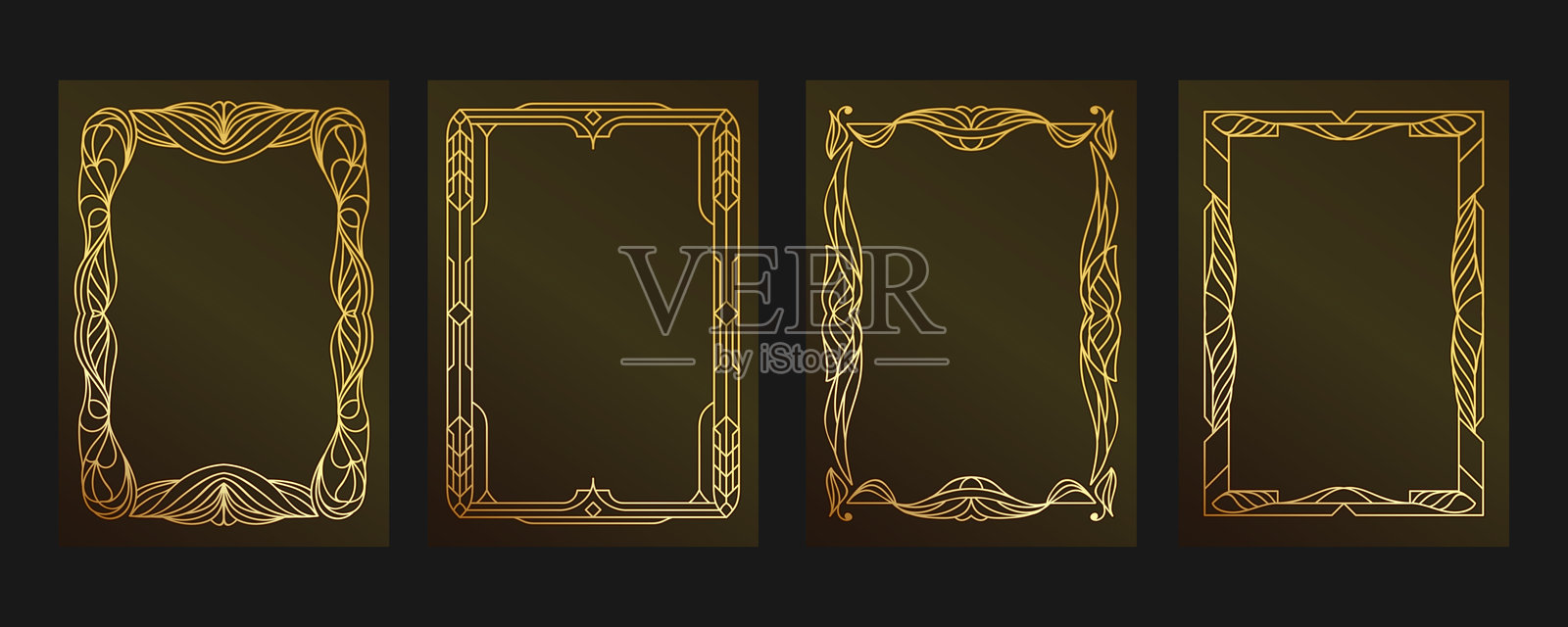 带有线条图案的雕刻金框，线条艺术。A4框架模板，配有金色装饰。镶嵌金色的装饰边框，珠宝框，标签，分隔线，婚礼，证书。孤立的矢量套件。插画图片素材