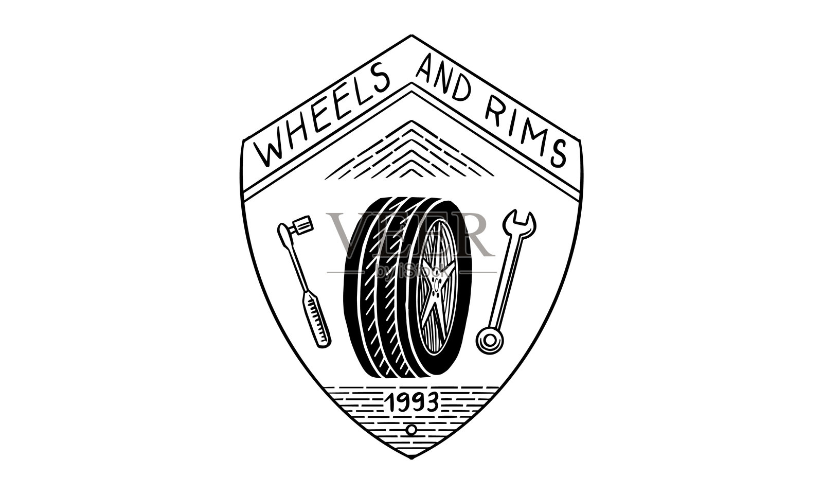 汽车维修或轮胎店的服务。手绘的传统风格徽章或标志。插画图片素材