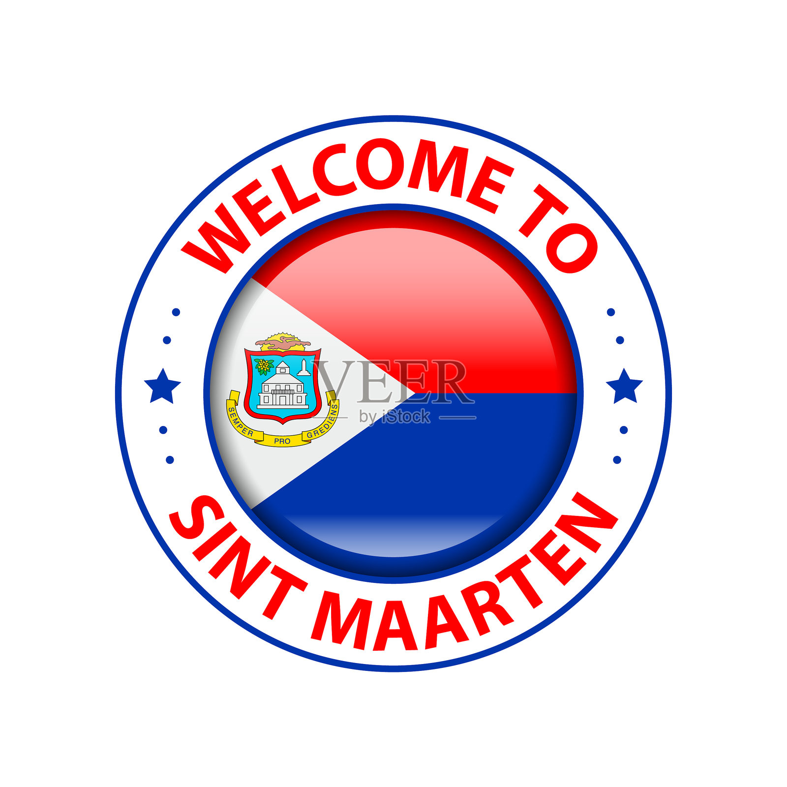 欢迎来到圣马丁。矢量标签。带有圣马丁国旗和文字的圆形光泽图标、印章、徽章。背景为白色。插画图片素材