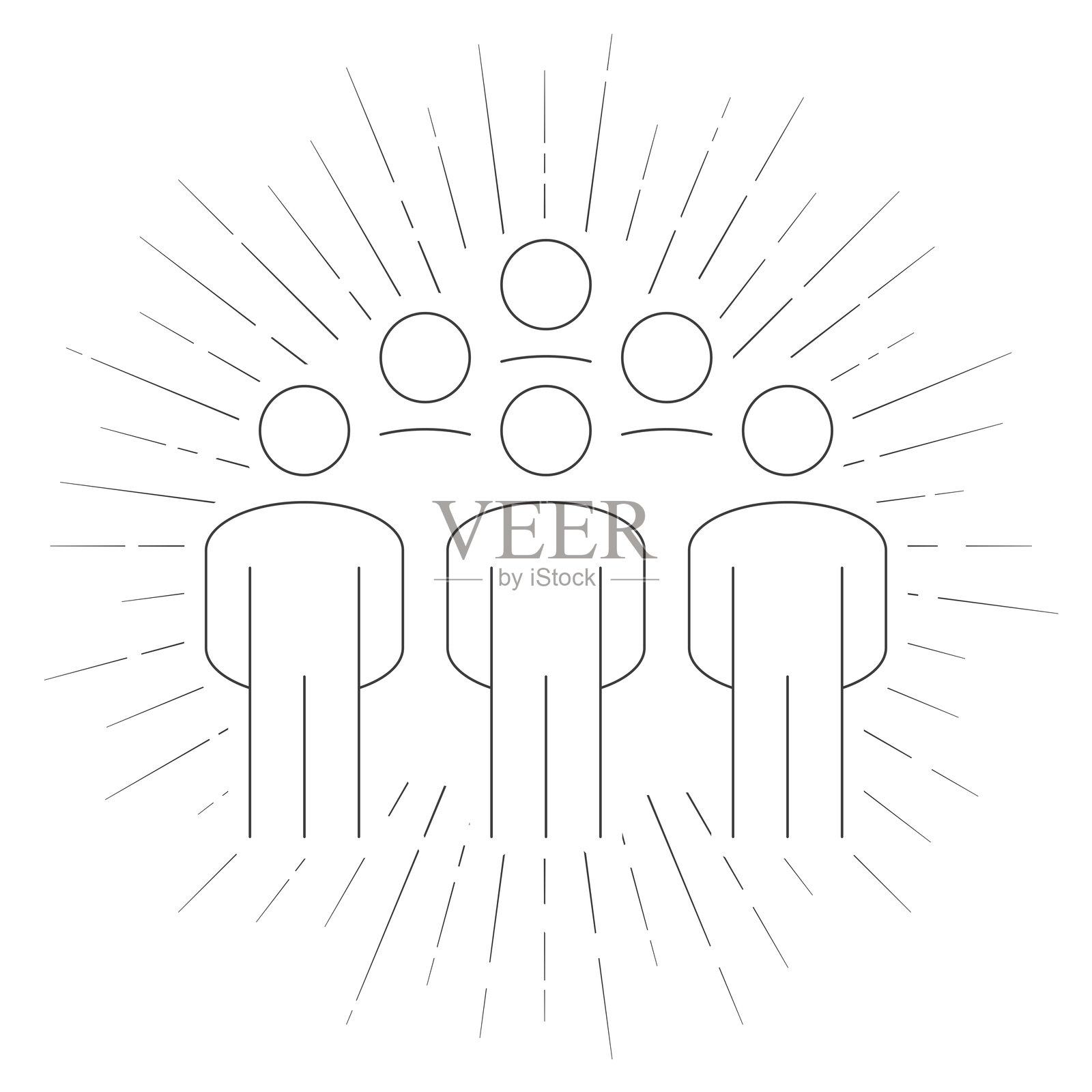 人群。白色背景上的线条图标，带有阳光辐射效果插画图片素材