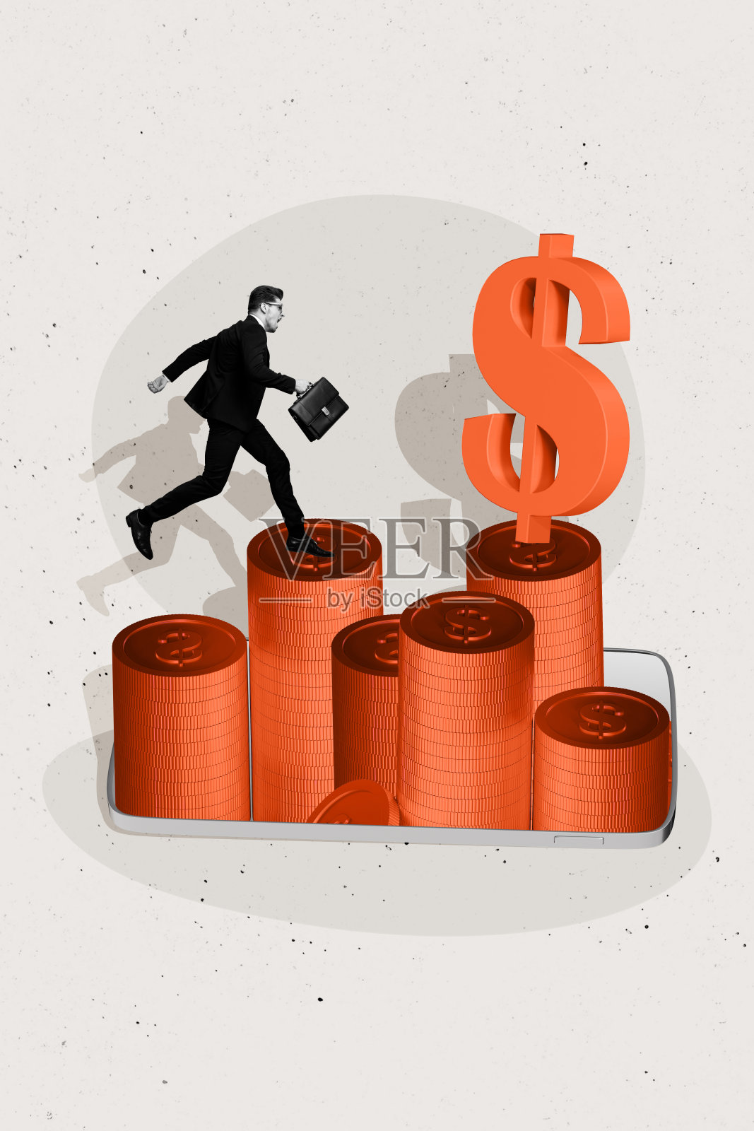 年轻的跑步男子手提外交公文包，创意拼贴，象征着富裕的交易员和加密货币投资者的财富与储蓄。照片摄影图片