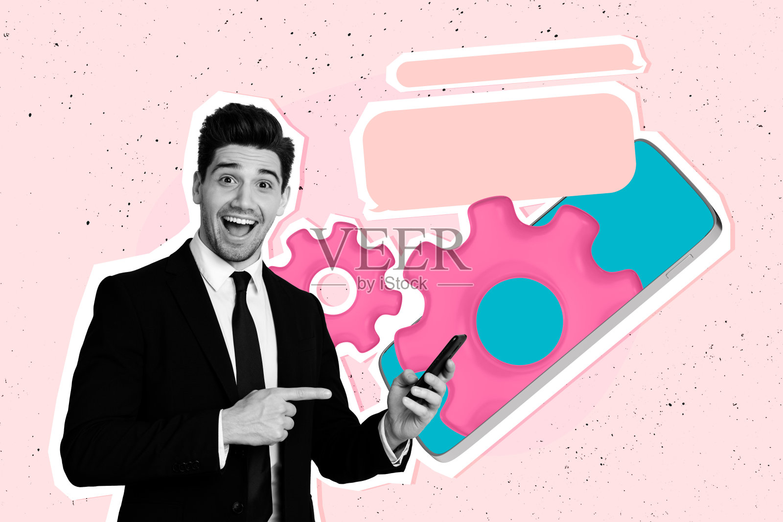 快乐的男性经理手持iPhone，屏幕上显示气泡式通讯信息，背景为涂鸦风格的画面。照片摄影图片