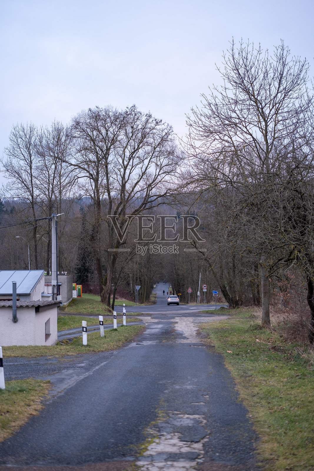 黄昏时分通向森林山丘的乡村道路照片摄影图片