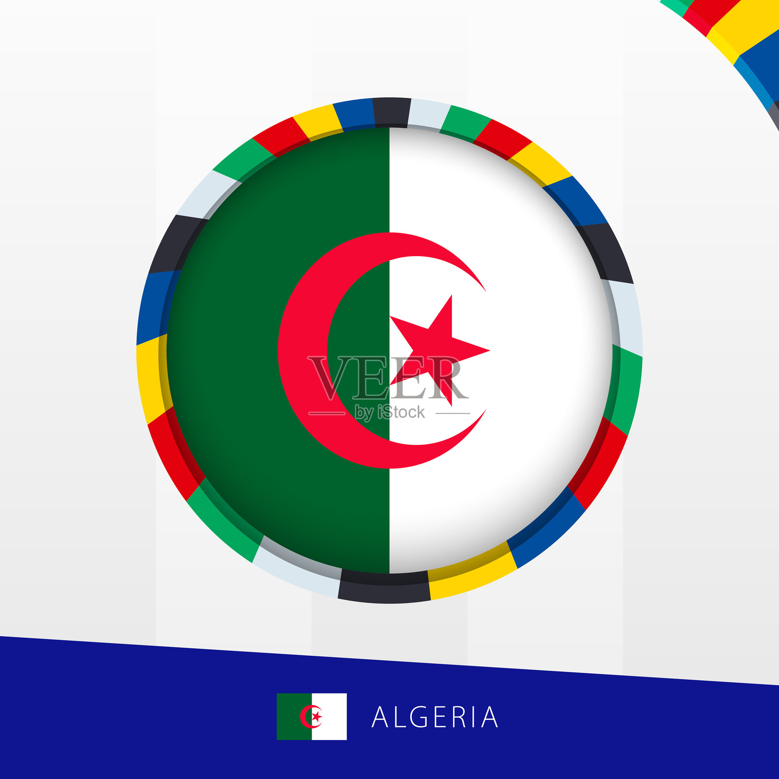 阿尔及利亚国旗与彩色圆形边框。插画图片素材