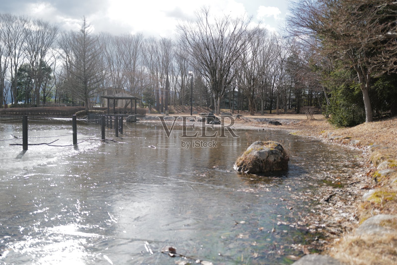 在日本长野县小牧市的公共道路和冰冻池塘公园中漫步的寒冷冬晨。照片摄影图片