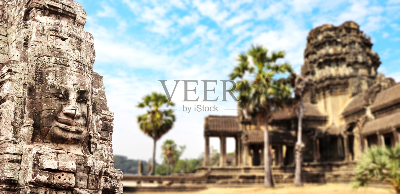 普萨特巴戎寺的石头面孔横幅。著名的吴哥窟地标，柬埔寨暹粒的高棉文化。关于度假、旅行、出国度假、邮轮和旅游的话题。照片摄影图片