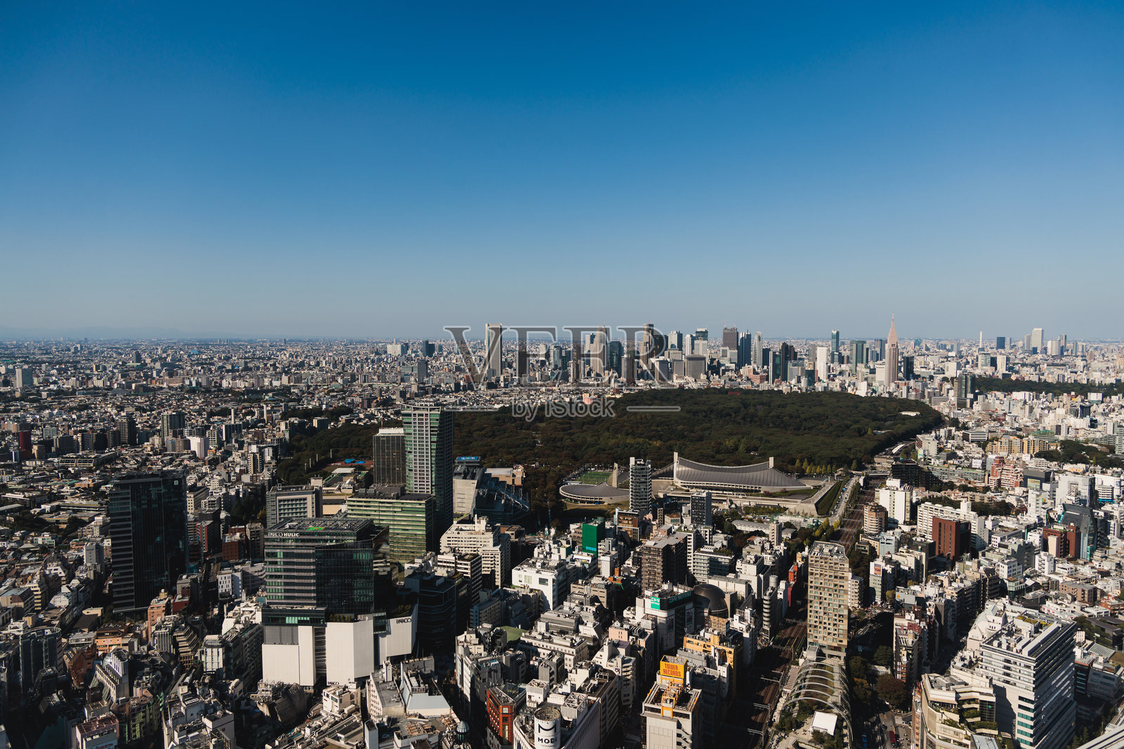 美丽的超宽视角鸟瞰东京，日本，屋顶和摩天大楼，城市天际线和风景，从观景台俯瞰，阳光明媚的蓝天，东京大都市区照片摄影图片