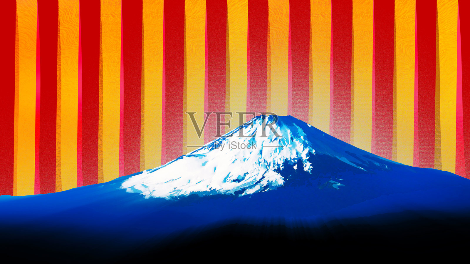 横向插图，描绘蓝色富士山，背景为红金条纹纸纹理，常用于日本的祝贺信息。照片摄影图片