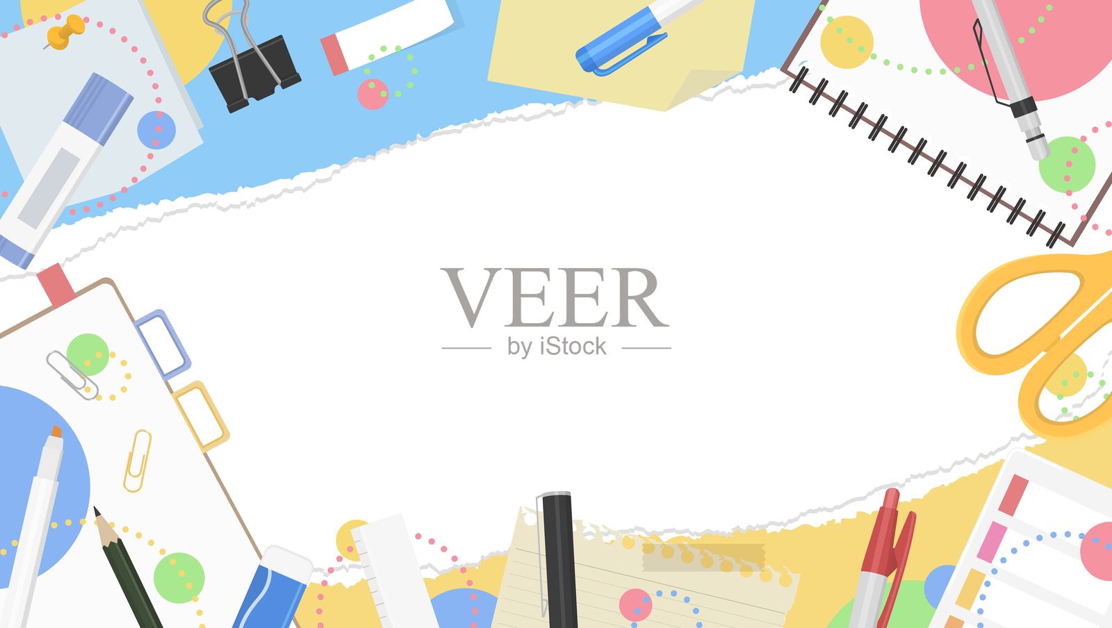 撕裂纸张和文具背景框架，流行设计插画图片素材