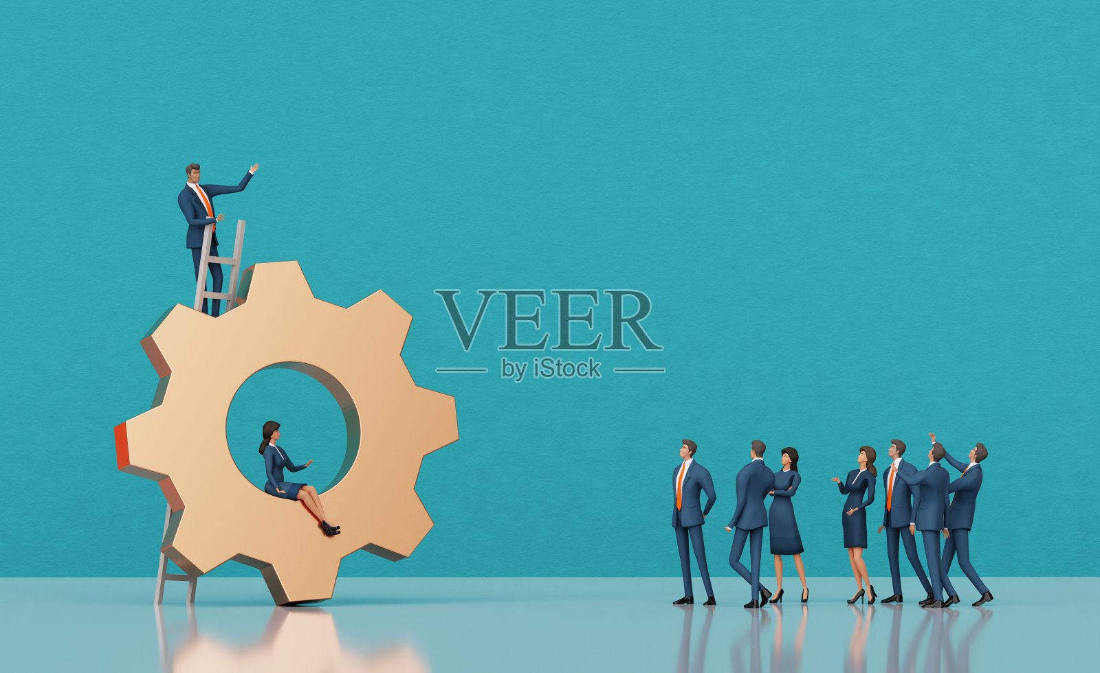 商业人士与金色齿轮，象征着成功商业的重要组成部分。3D渲染。照片摄影图片