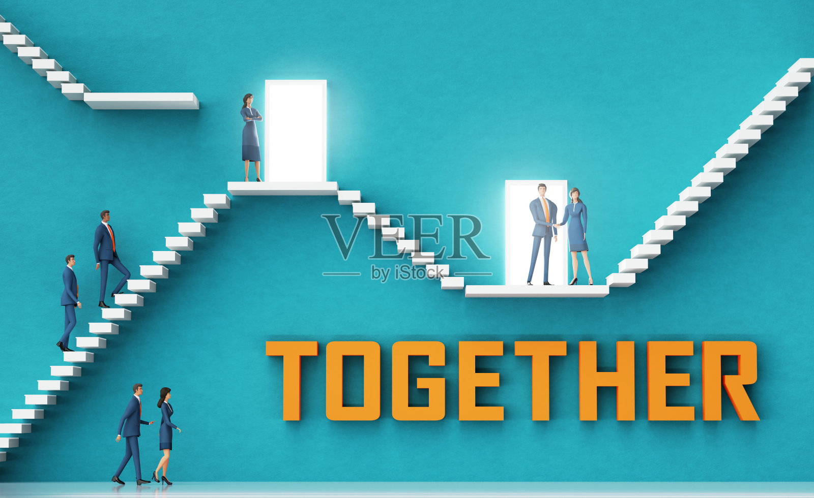 商务人士在楼梯上上下走动，以寻找成功之路。3D渲染图照片摄影图片