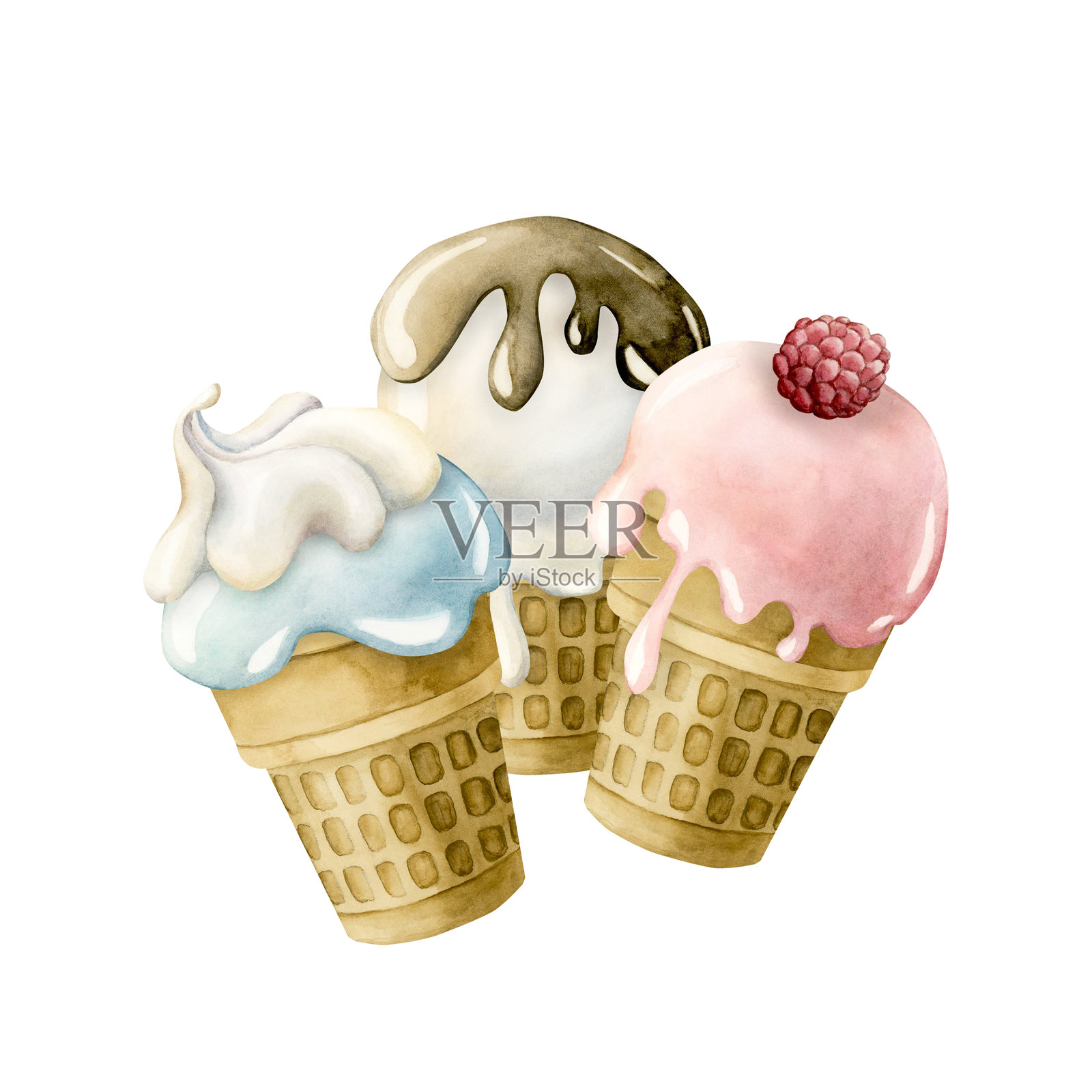 可爱的冰淇淋华夫杯。水彩手绘食品插图，独立于白色背景，适合快乐的夏天。插画图片素材