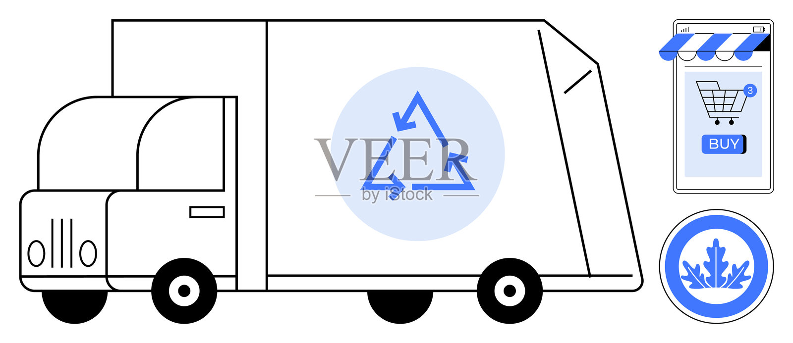 环保配送卡车，带有电子商务和回收标志插画图片素材