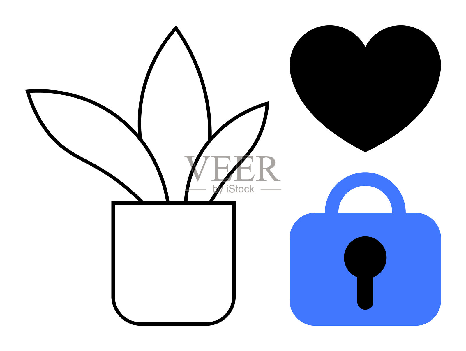 简约设计的花盆植物、心形和锁符号的简单矢量图标插画图片素材