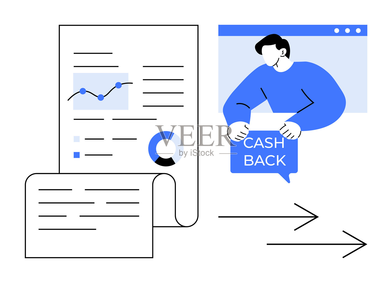 蓝色西装的商人与财务报告和现金返还概念插画图片素材