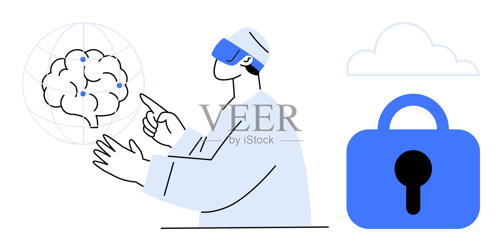 未来人类与人工智能大脑和锁图标互动，外加云符号插画图片素材