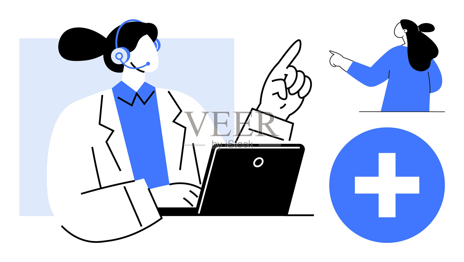 使用耳机和健康符号的医疗专业人员在使用笔记本电脑插画图片素材