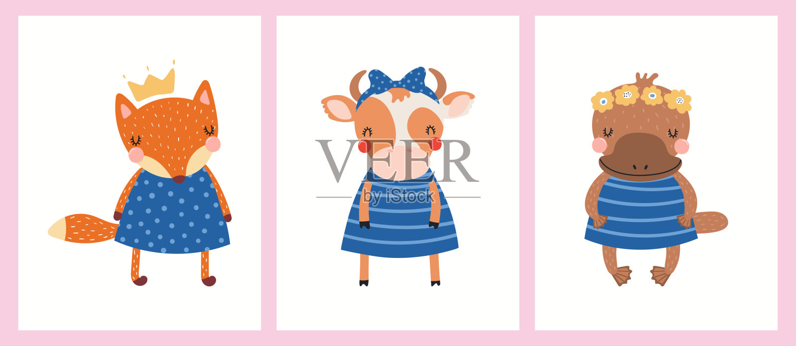 可爱动物女孩，小公主海报套装插画图片素材