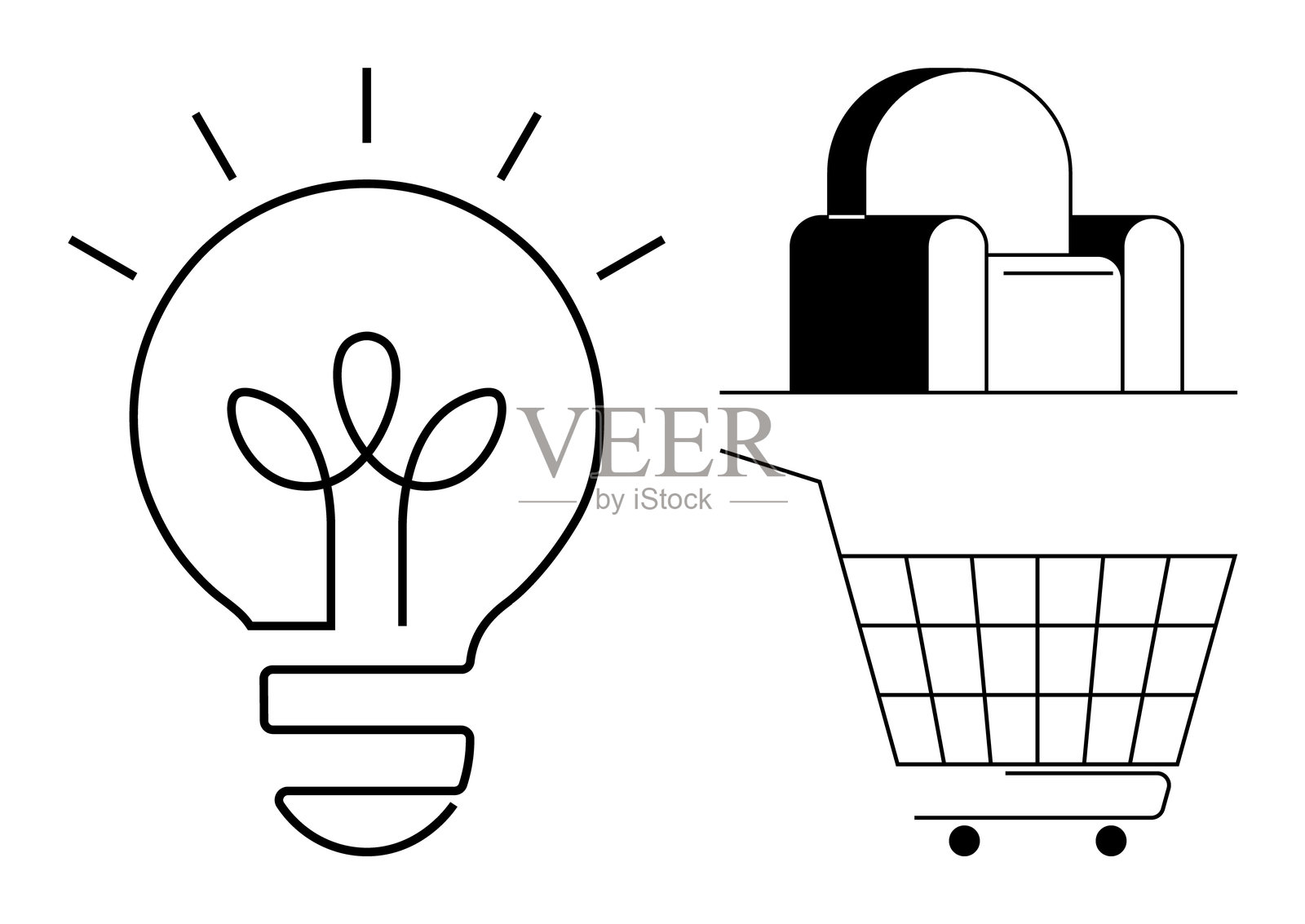 灯泡与植物和购物车与扶手椅的抽象矢量艺术插画图片素材
